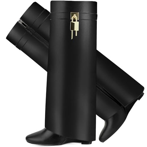 Botas CDHYX para mujer, de caña alta, con punta afilada y tacón cuña, con cremallera lateral y diseño de candado (Negro 8.5)