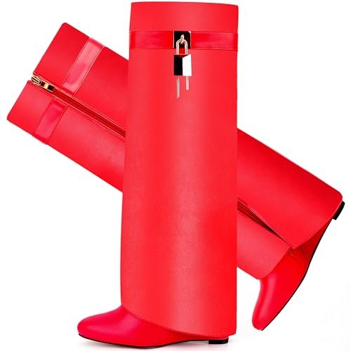 Botas CDHYX de caña alta para mujer, con punta afilada, diseño de cuña y cremallera lateral con candado (Rojo 11)