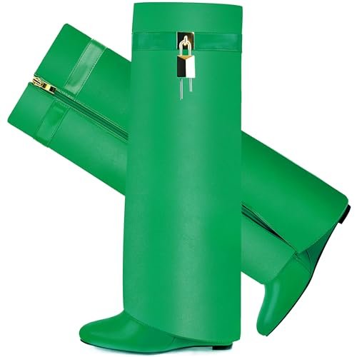 Botas CDHYX de caña alta para mujer, con punta afilada y tacón cuña, botas tipo tiburón hasta la rodilla con diseño de cremallera lateral y candado (Verde 12)