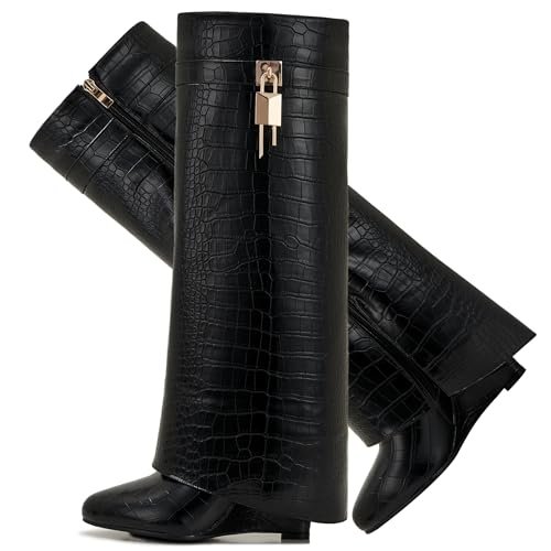 Botas CDHYX para mujer, de punta, con tacón cuña, hasta la rodilla, diseño de bota tiburón con cremallera lateral y candado. Clásicas y elegantes.