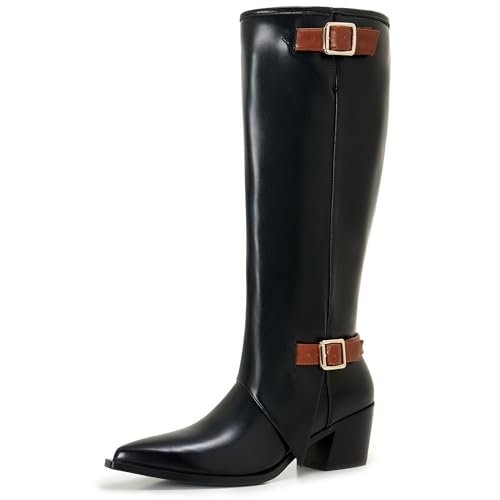 Botas altas CDHYX para mujer con punta afilada, tacón bajo grueso y cremallera lateral, adornadas con una hebilla en la parte delantera.