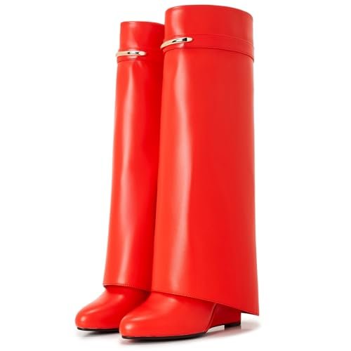 Botas CDHYX para mujer, con punta, de tirón, tacón cuña, hasta la rodilla, estilo tiburón. Cuenta con cierre de cremallera y decoración dorada (Rojo).