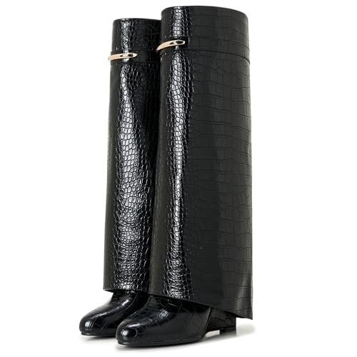 Botas CDHYX de caña alta para mujer, con punta afilada y tacón cuña, cuentan con cierre de cremallera y decoración dorada.